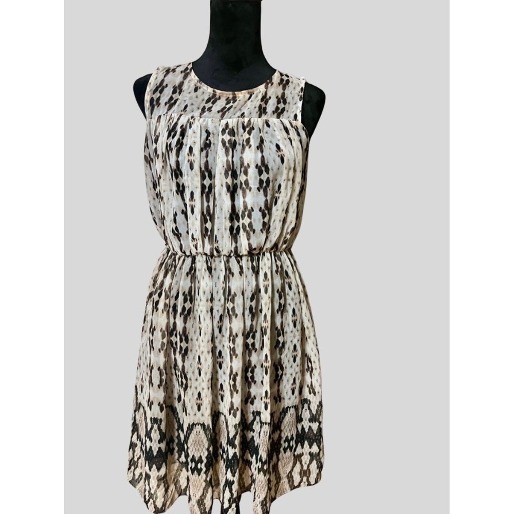 MANGO SUIT Sleeveless Dress Women Large Cream Brown Ikat Print Chiffon A-Line - Picture 2 of 5